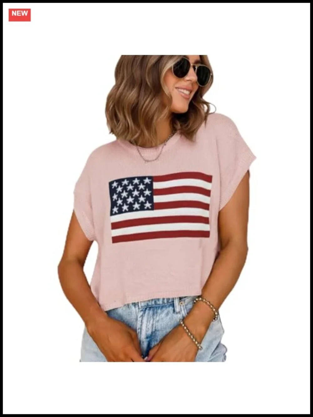 Women's American Flag Knit Pullover Sweater Lightweight Long Sleeve Crew Neck
